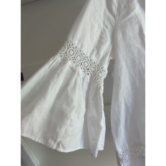 Crown & Ivy Women's M White Linen Blend Quarter Sleeve Bell Sleeve Summer Blouse - Picture 6 of 16